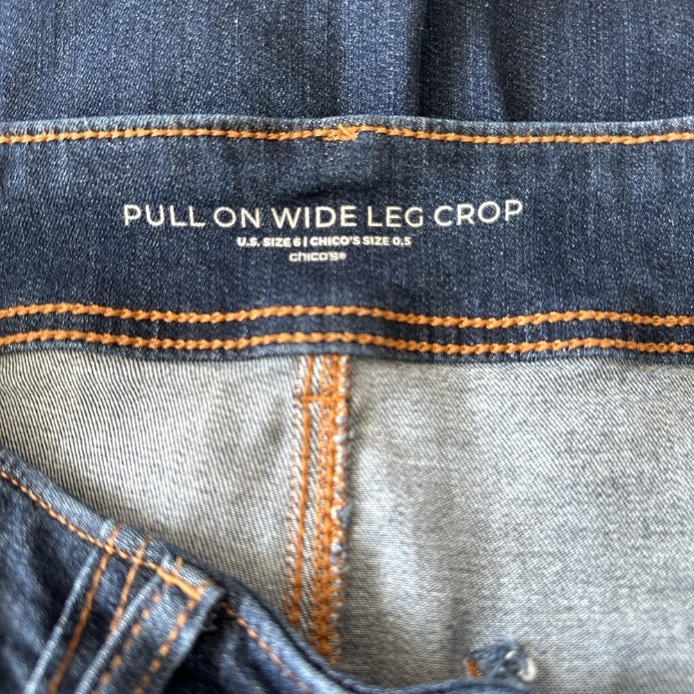 Chico's Dark Blue Flare Jeans on ware leg size 6 - Picture 10 of 14
